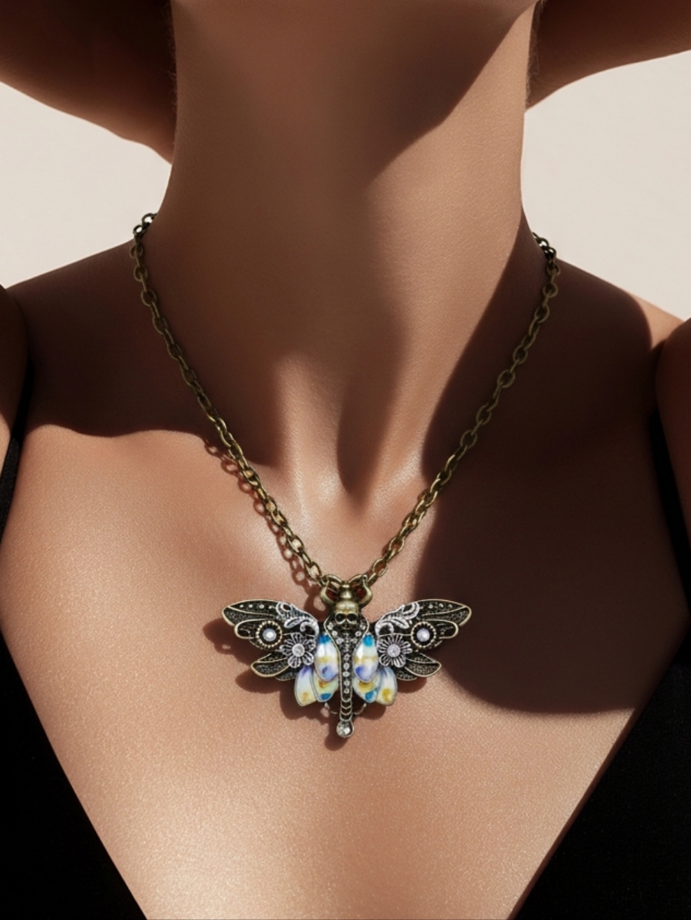 Gothic Death’s Head Moth Pendant Necklace Art Nouveau Skull Butterfly Motif NWT